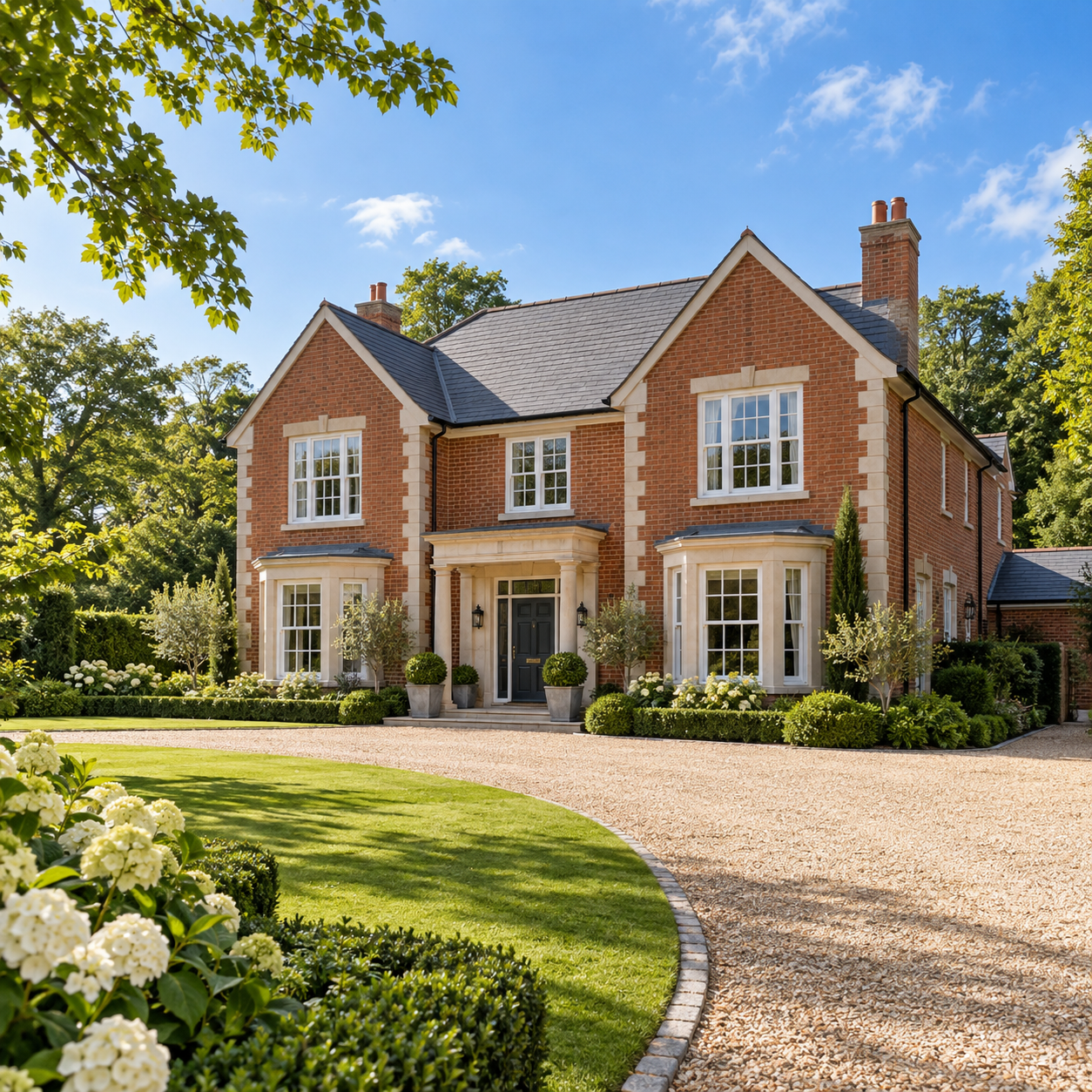 AI-generated illustration of a spacious British-style red-brick detached home with landscaped gardens